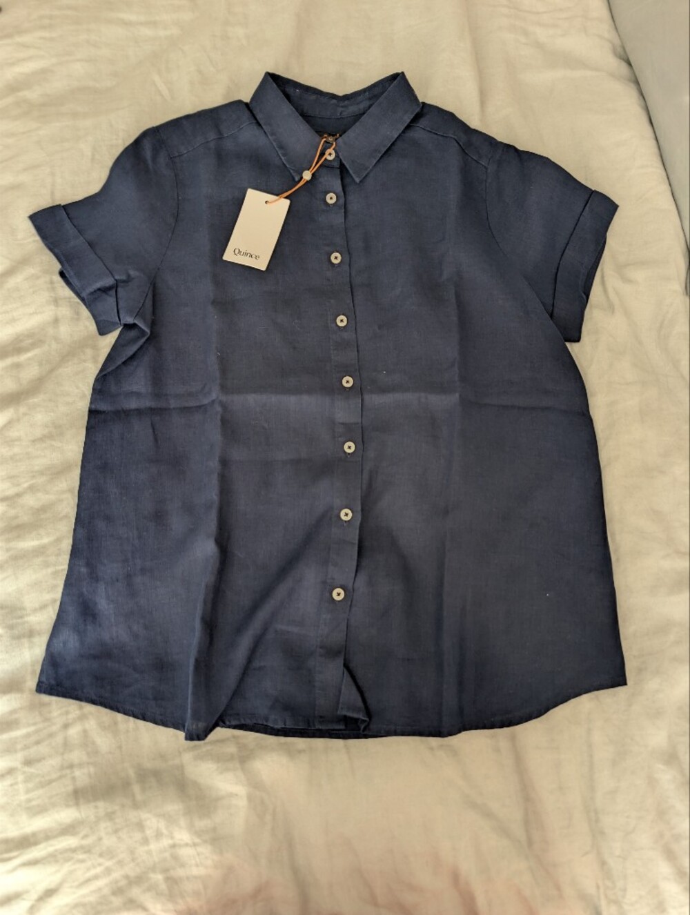 Quince 100% European Linen Maternity Camp Shirt Navy Blue Button Down MEDIUM